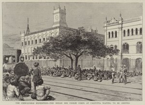 De Chin-Lushai Expeditie, het Meean Mir Coolie Corps in Calcutta wacht om verscheept te worden door Adrien Emmanuel Marie